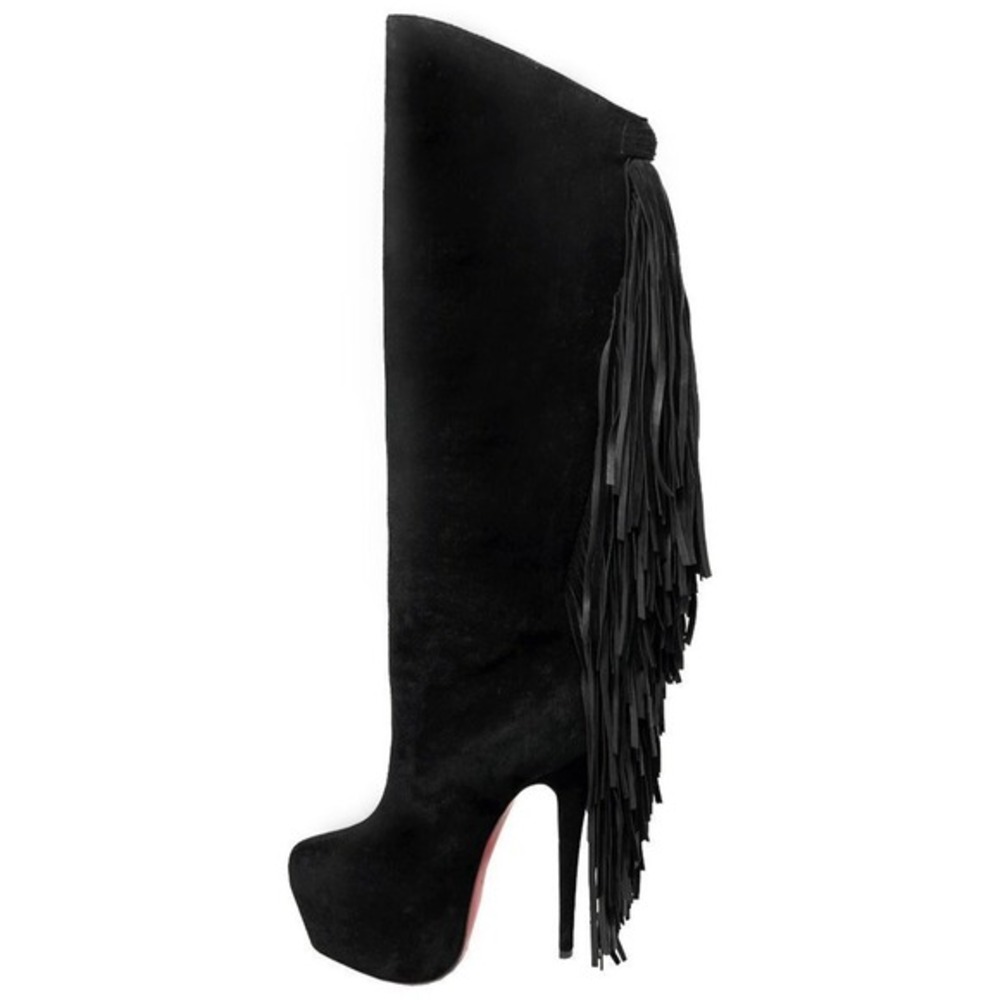 Christian Louboutin Knee High Black Suede Boots Fringe‎ 37